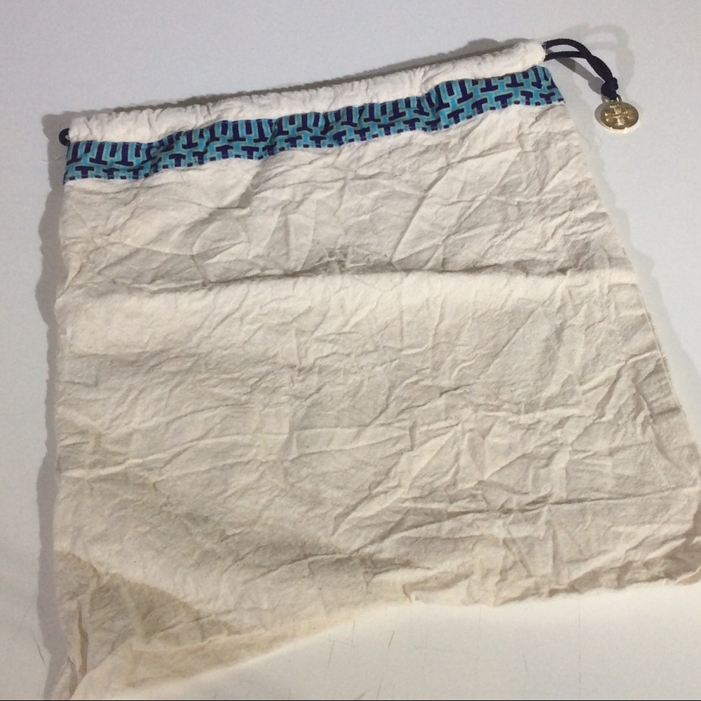 Tory Burch Dust Bag Drawstring Cream Blue Gold Tone Logo Charm Travel Storage